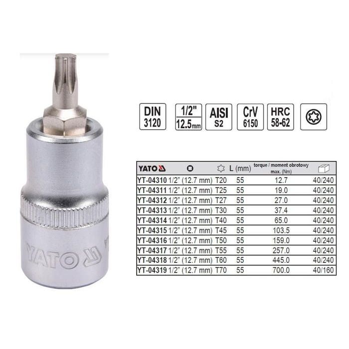 Clé Torx - YATO - T45 - 1/2 - 55 mm - Douille CrV6150 / Tige AISI S2