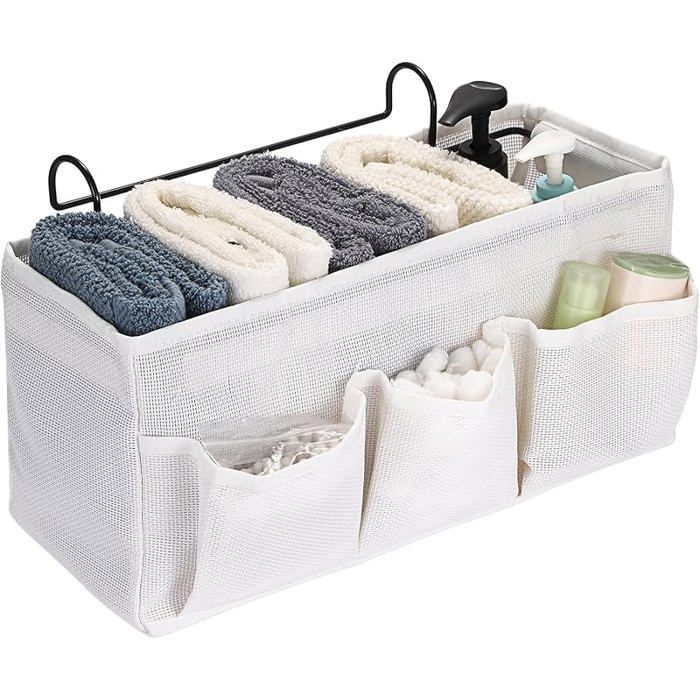 Organisateur de chevet suspendu 4 poches sac de Rangement de chevet en filet panier de lit et crochet pour serviette Blanc