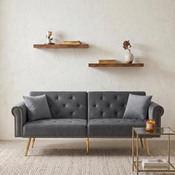 Canapé-lit 2 places FurnitureR en velours avec 2 étagères murales dossier réglable 3 positions – Gris