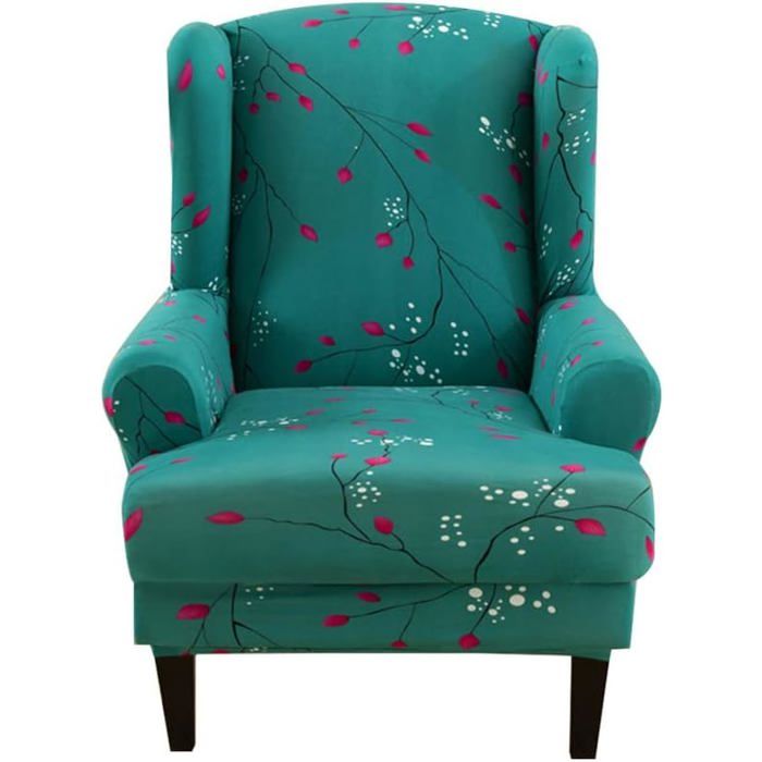 Housse de Fauteuil à Oreilles Extensible 2 Pièces + Housse Coussin Antidérapante Imprimé Cardamome pour Salon/H HOUSSE DE FAUTEUIL