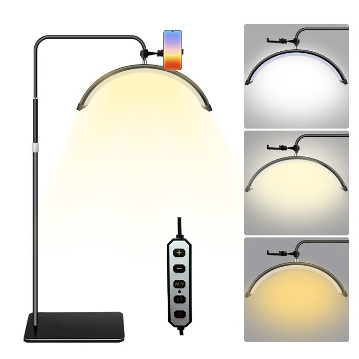 Lampe de beauté 3 Tons (3000-6000K) - Rotation à 360° - Hauteur/luminosité réglables -Support téléphone - Lampe à cils demi-lune