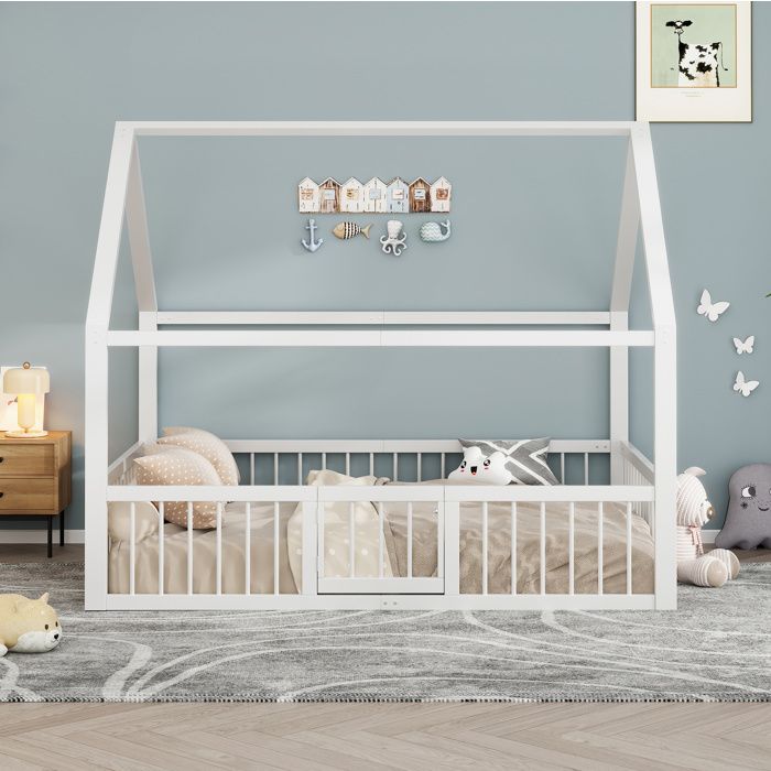 Lit cabane enfant 140x200 cm - FloraGrace avec Barrières de Sécurité et Structure en Métal sans Matelas - Blanc
