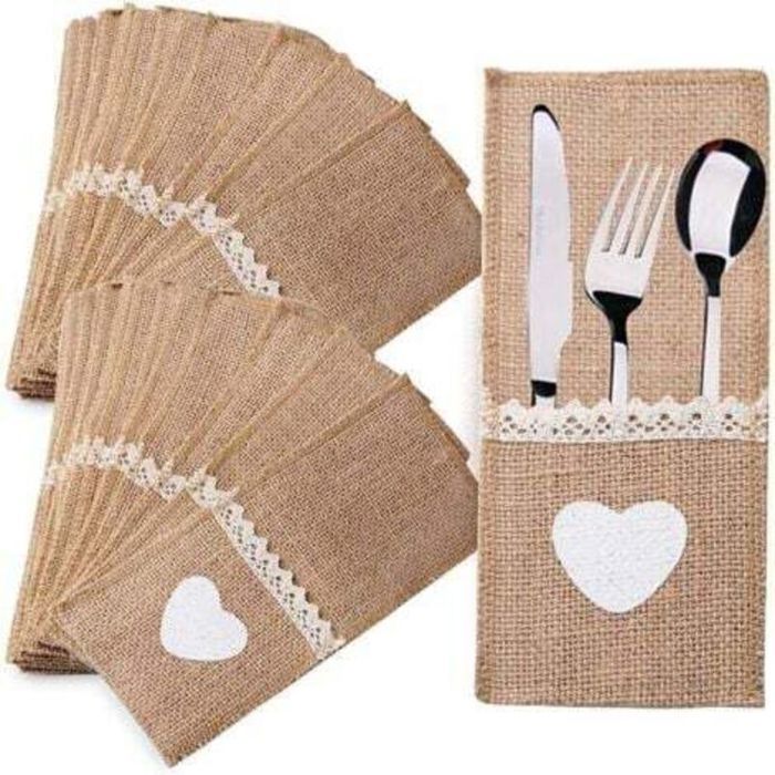 40 pcs Porte-Couverts en Toile Jute & Dentelle – Vintage Élégant Idéal Mariage & Fêtes