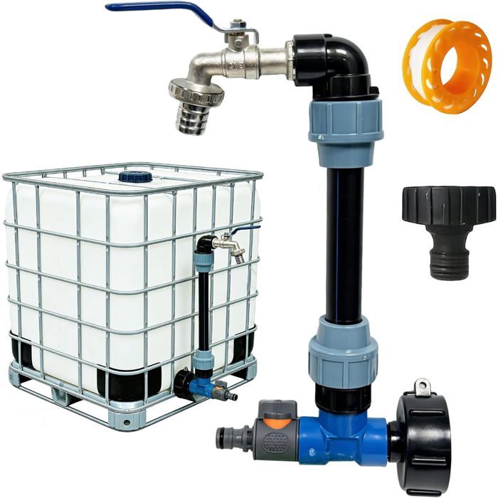 Robinet pour cuve 1000 L – col de cygne 3/4″ – 2 en 1 – récupérateur eau pluie – adaptateur tuyau arrosage