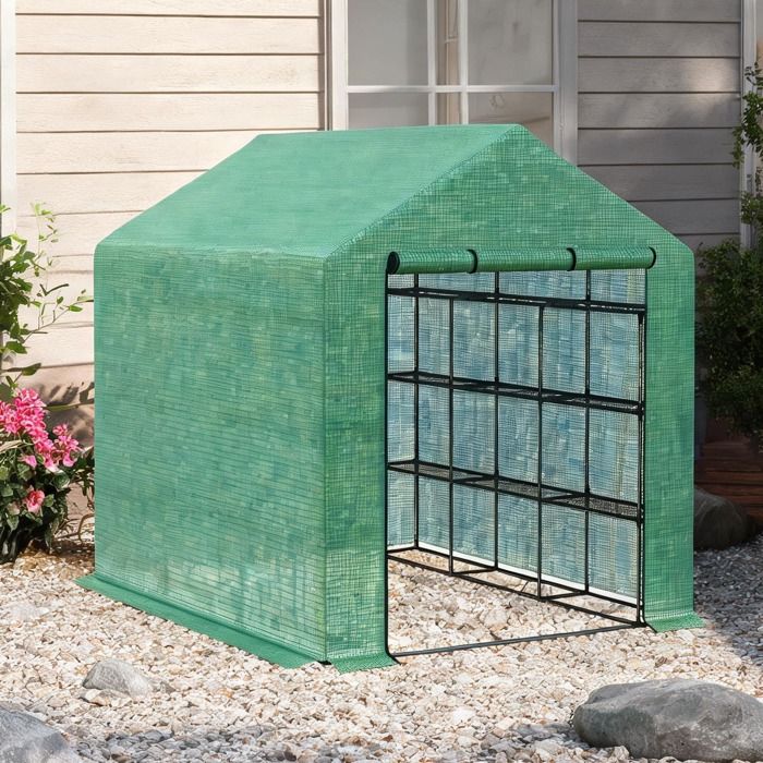 Serre de jardin avec 8 étagères porte enroulable structure acier pulvérisé et couverture PE sage green 244 x 180 x 210 cm