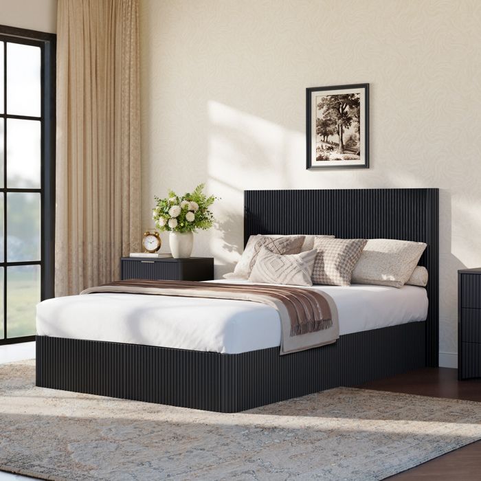 Lit coffre noir 140×200 cm rangement intégré sommier inclus structure solide sans matelas