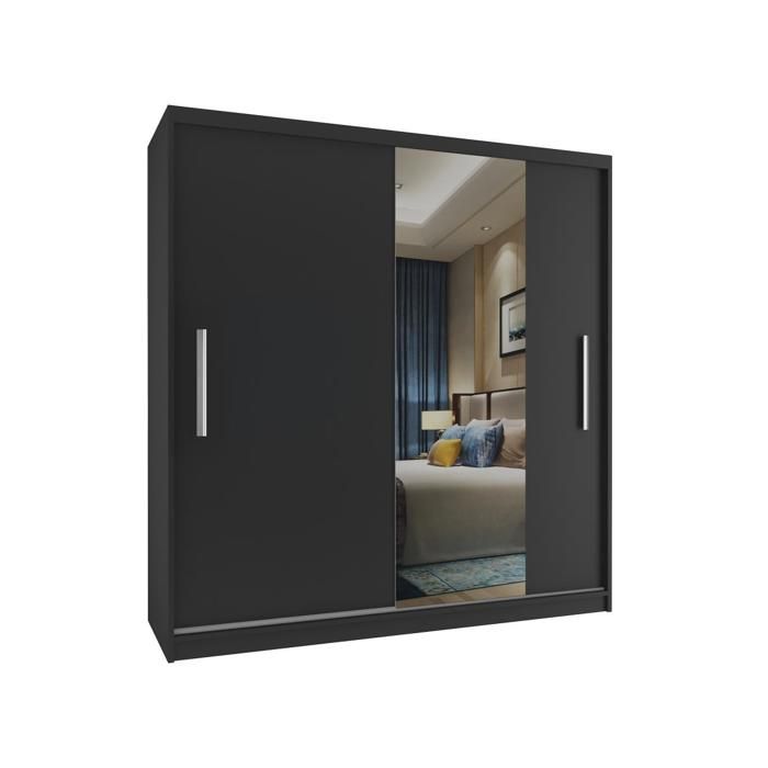 BELINI Grande Armoire 2 Portes Coulissantes VERONA MSE 158 cm - Noir Mat - Miroir Intégré & Tringle - Chambre Adulte