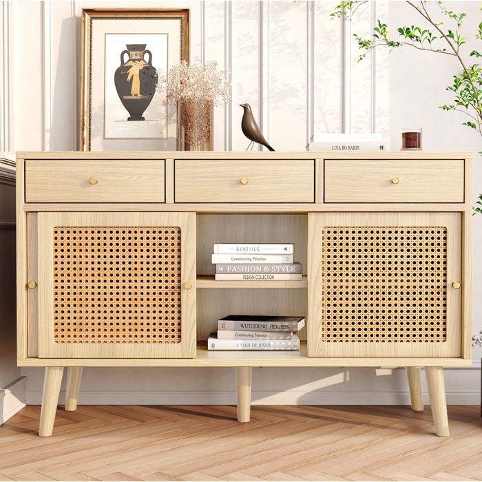 WOVREO Buffet bas 120 x 40 x 78 cm avec 3 tiroirs 3 portes coulissantes cannage décor chêne