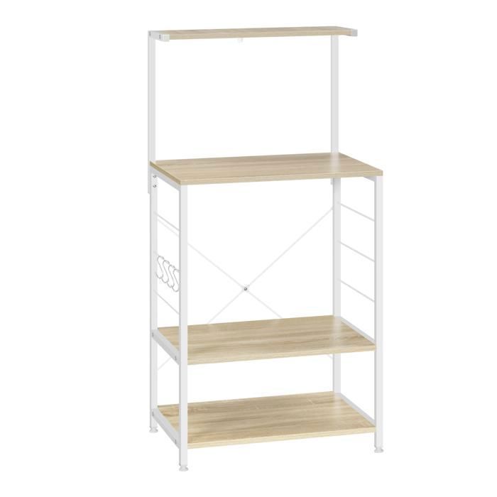 Étagère de cuisine 4 niveaux support micro-ondes en bois manufacturé et acier blanc chêne clair avec crochets