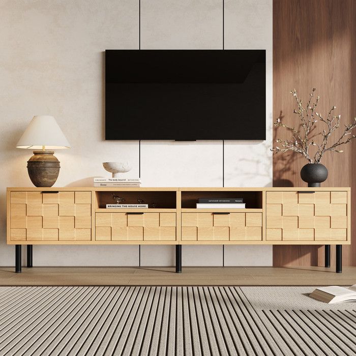 Meuble TV Lowboard carrée imbriquée 3D avec 2 tiroirs et 2 portes battantes pour téléviseurs jusquà 80 Bois Naturel 200x35x44.5cm