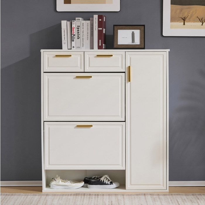 COVREO Meuble à chaussures blanc 95 x 24 x 107 5 cm avec 2 tiroirs 2 abattants 1 porte et étagères réglables