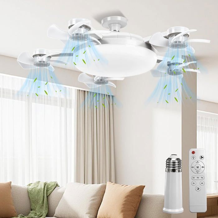 Ventilateur plafond E27 LED 5 pales sans perçage 80W télécommande 3 vitesses silencieux Ø54 cm chambre salon cuisine