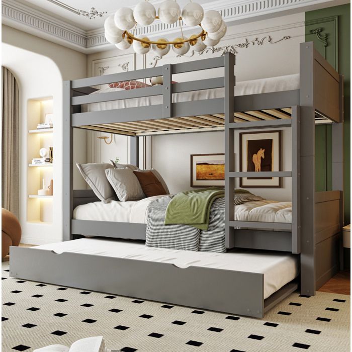 Lit superposé en bois gris 90 x 200 cm avec lit gigogne convertible en 2 lits simples échelle et sommier à lattes