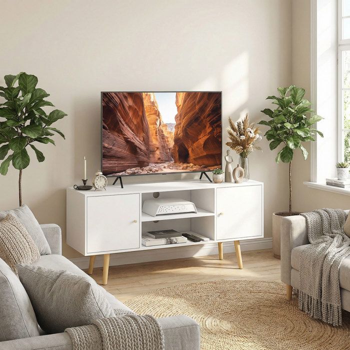 Meuble TV 55 max avec 2 placards et 2 étagères ouvertes bois et aggloméré 120 x 34 x 50 cm blanc