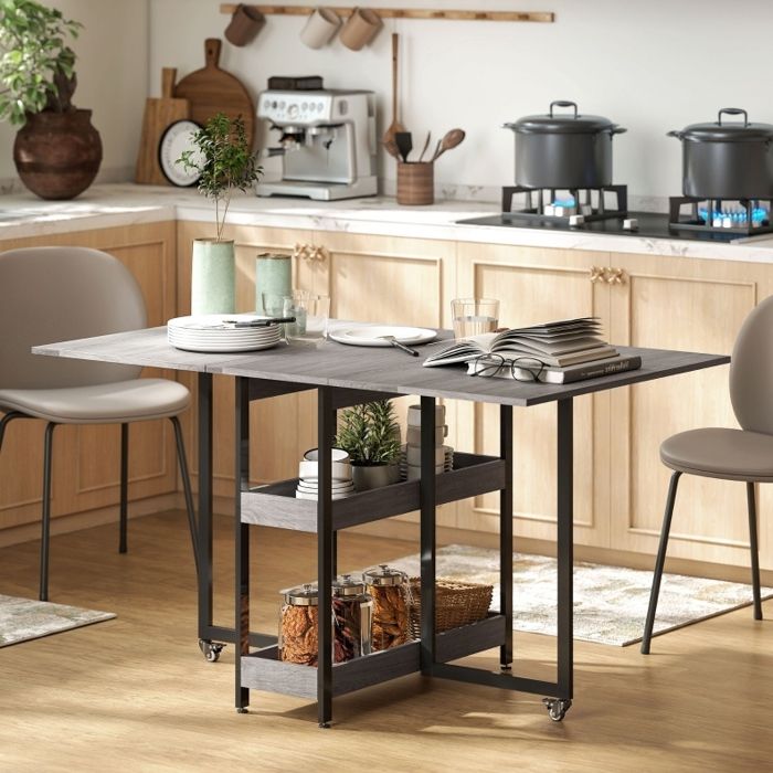 Table de cuisine 2 à 4 personnes rabattable avec 2 étagères ouvertes et roulettes - ELVMI - Gris 133 4×80×75 cm