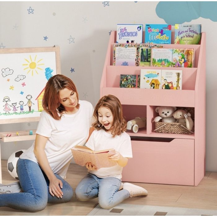 Bibliotheque Enfant Rose En MDF Meuble De Rangement FloraGrace Pour Chambre DEnfant Avec Anti-Basculement 60x29 9x90cm