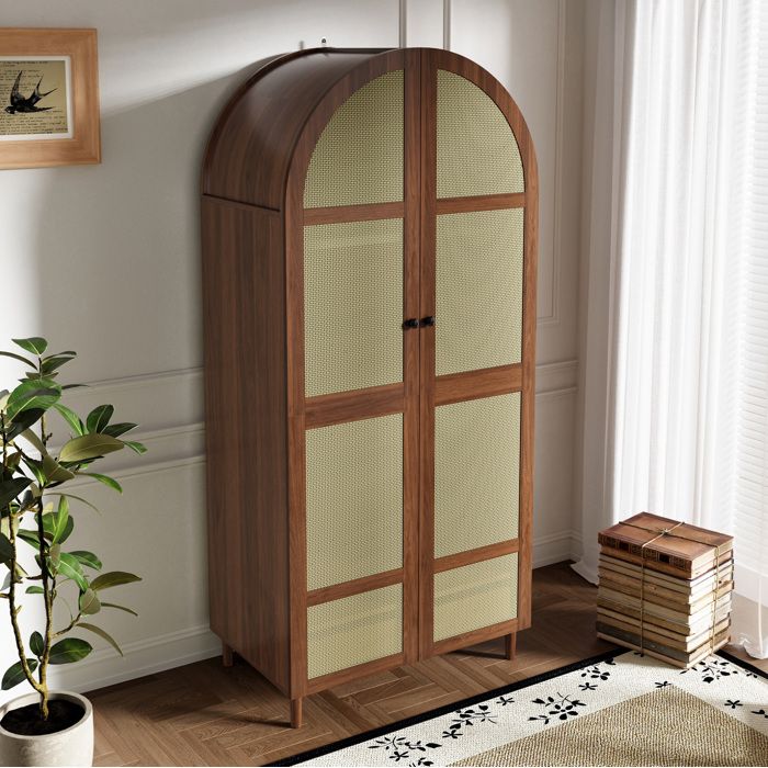 Armoire de chambre EVRYAE 80 x 50 x 179 cm portes cintrées en rotin tringle étagères et tiroir coloris walnut