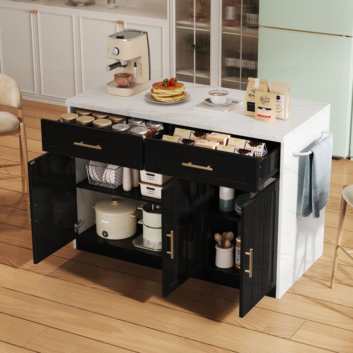 Îlot central de cuisine VUENOR 120x60x91 cm noir et blanc avec prises USB et espace bar