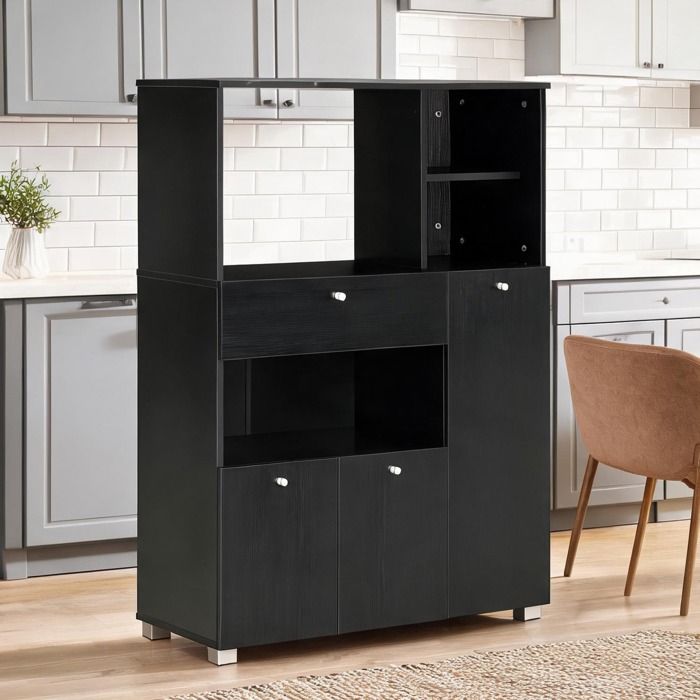 Meuble micro-ondes contemporain noir 120 cm panneau de particules 2 placards 4 niches et tiroir coulissant