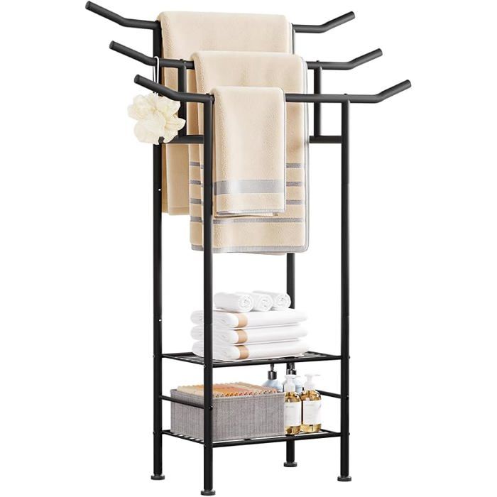 Porte serviettes autoportant noir en métal : porte serviettes debout avec 3 barres porte serviettes et 2 étagères p PORTE SERVIETTE