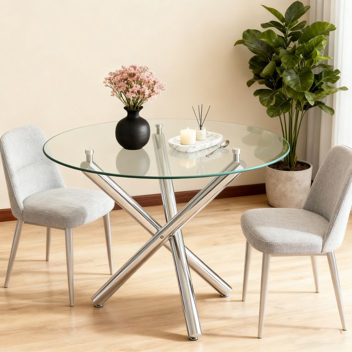 Table ronde en verre trempé 80cm pieds argentés élégants structure stable croisée gain de place pour salon ou salle à manger