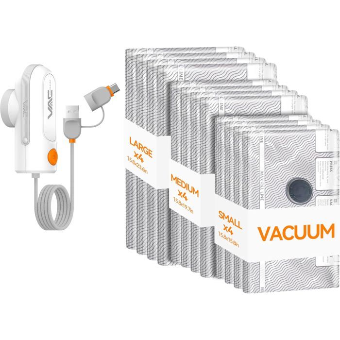 Lot de 12 Sacs Sous Vide Voyage avec Pompe USB & Type-C Compression Bagages Réutilisables Gain de Place Gris