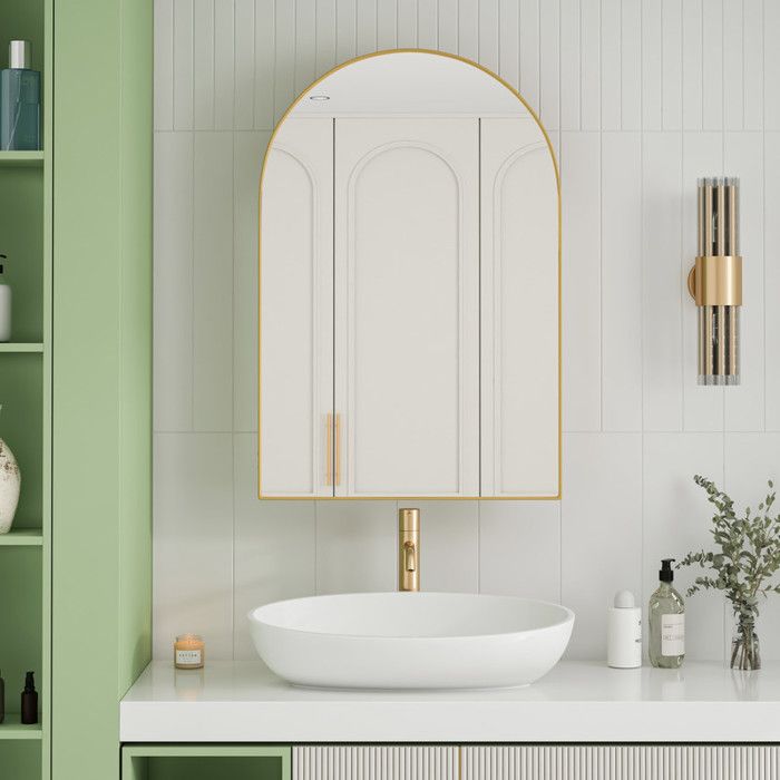 Armoire Miroir Cintrée en Métal Doré Mural avec Étagères Réglables Rangement Pharmacie pour Salle de Bain