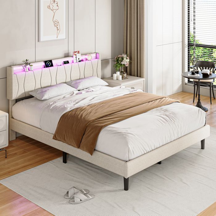 Lit Double 160x200cm Lit Rembourrée avec LED et USB Lit Fonctionnel avec Sommier à Lattes Facile à Assembler Lin Beige