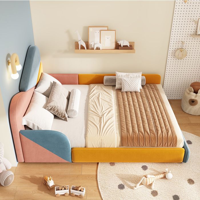 Lit enfant rembourré 140x200 cm AESVAR en velours patchwork multicolore sommier à lattes intégré