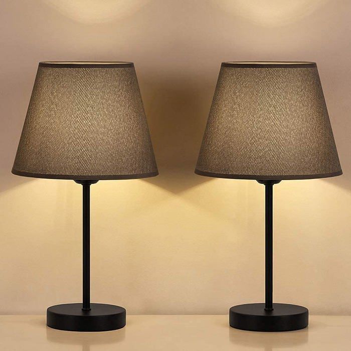 Lot de 2 lampes de chevet 40 cm en lin et métal - culot E27 abat-jour gris/noir lampe de table pour chambre et salon