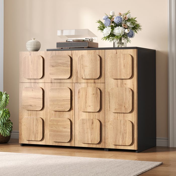 Buffet bas extensible en bois 107-158 × 35 × 83cm Buffet modulable Meuble de rangement salon avec 3 portes 1 tiroir naturel