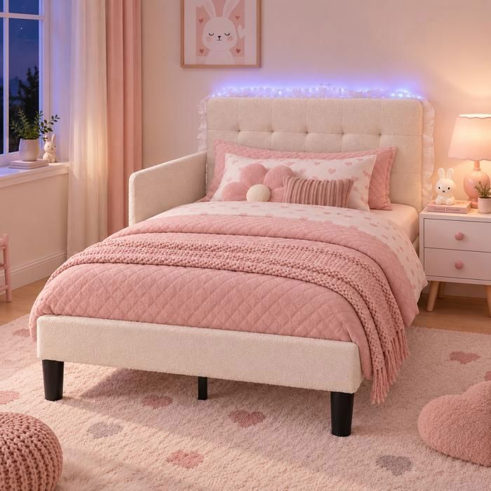 Lit enfant 90x200 cm Patbrela – Lit enfant blanc en tissu Teddy tête de lit nuage avec LED barrière de sécurité sans matelas