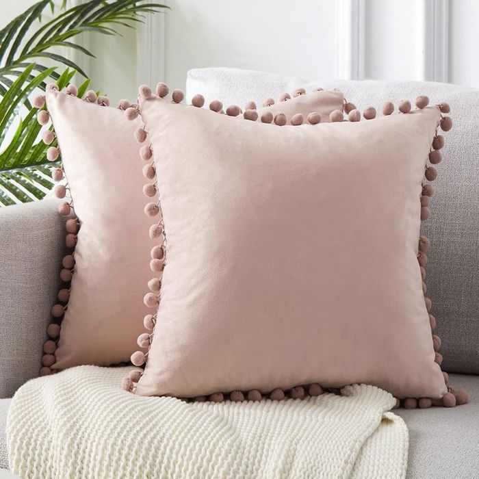 2pcs Housse de coussin décorative - Velours doux double face Avec pompons décoratifs - Salon canapé et fauteuil
