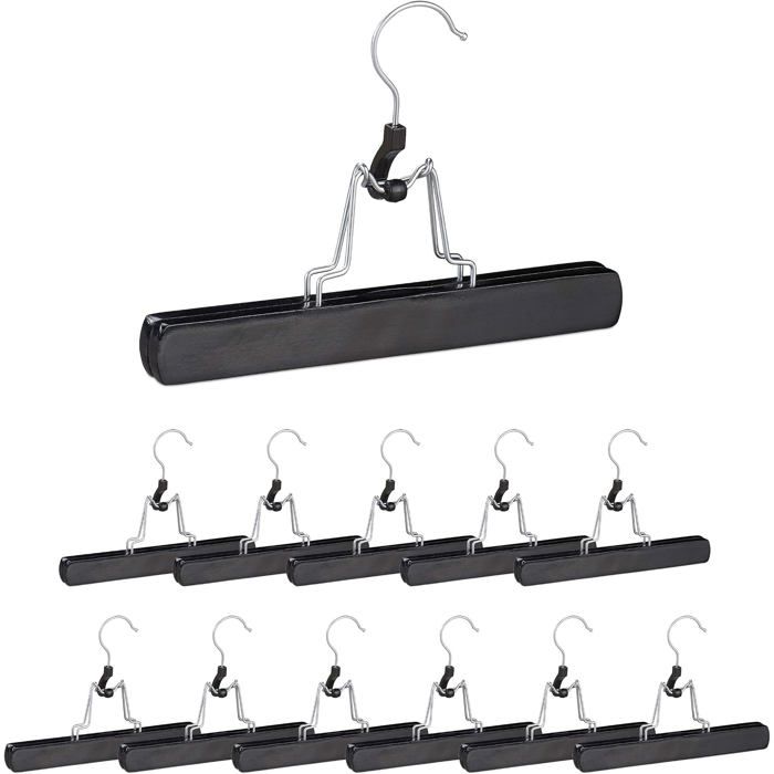 Cintre Pince Bois Lot de 12 Jupe Pantalon Crochet 360° Feutre HxlxP: 17 x 25 x 2 3 cm Noir métal