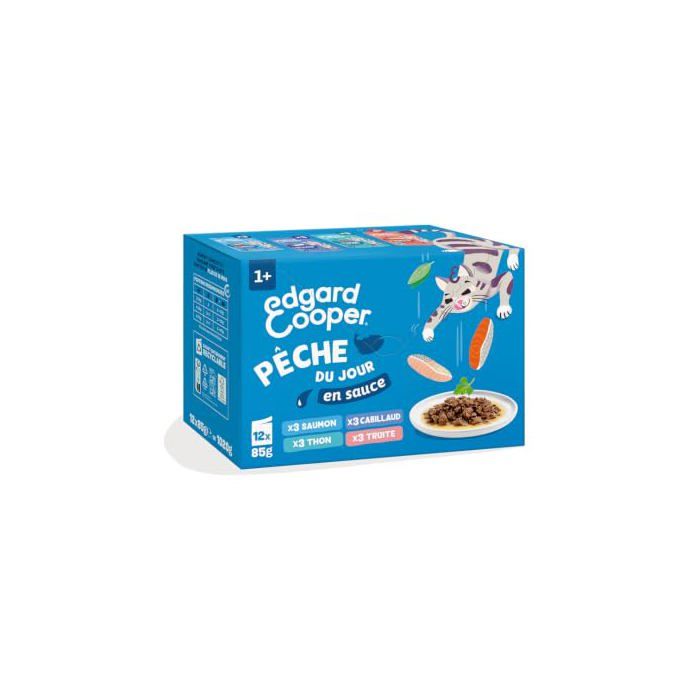 Pâtée pour chats - EDGARD ET COOPER - Pêche du jour 12x85g - Saumon/Thon/Cabillaud/Truite - Sans céréales - Sans sucres ajoutés