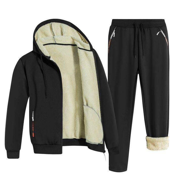 Survêtement Homme à Capuche Doublé Polaire Ensemble Veste Sweat Chaude Et Pantalon de Jogging Taille Elastique Automne Hiver - Noir