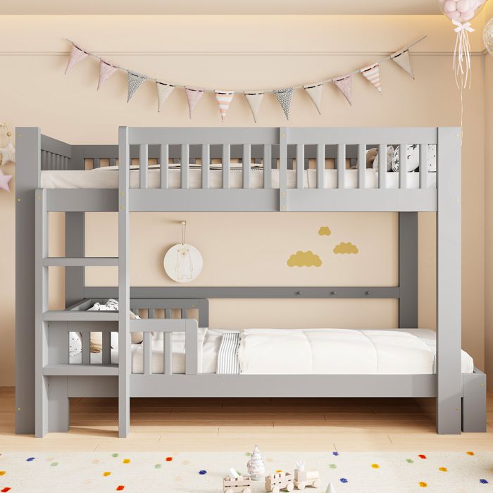 Lit superposé modulaire en bois massif pour enfants 90 x 200 cm (lit mezzanine + lit simple) équipé de barrières de sécurité gris