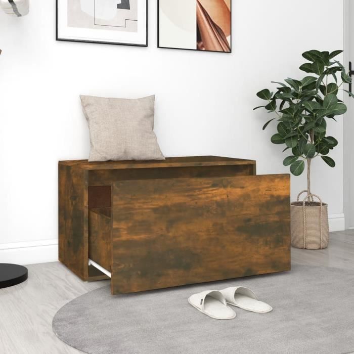 Banc dentrée - AKOZON - 80x40x45 cm - Chêne fumé - Bois dingénierie - Tiroir de rangement