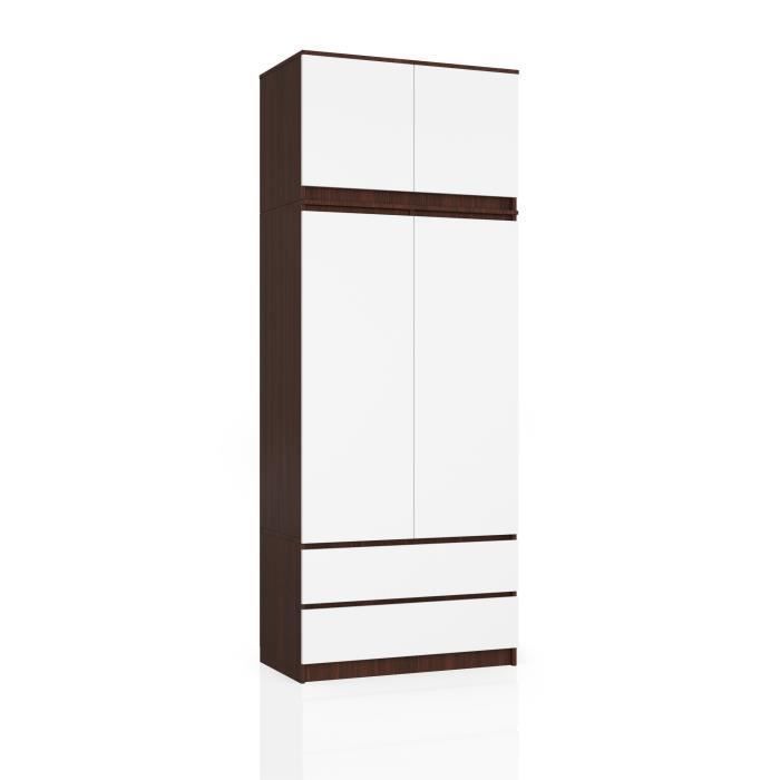 Armoire avec surmeuble AKORD S90 Wengé 90 cm 2 portes 2 tiroirs façade Blanche 6 étagères 90x51x234 cm