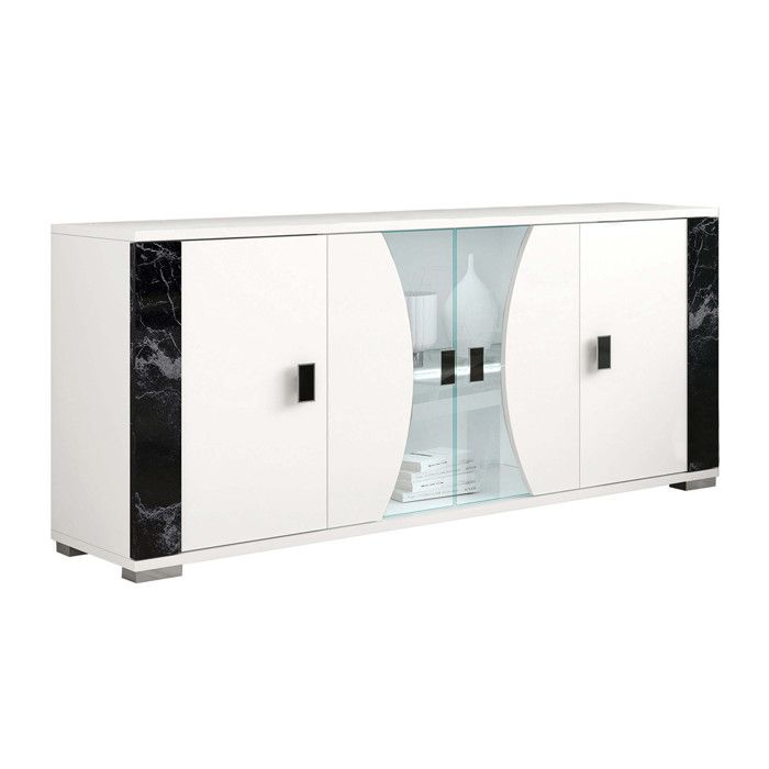 ARIANE - Buffet 4 Portes Blanc Eclairage Led intégré avec Décor Latéral Aspect Marbre Noir