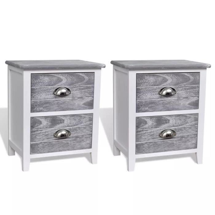 lot de 2 table de chevet en bois avec 4 tiroirs-38 x 28 x 45 cm-gris et blanc