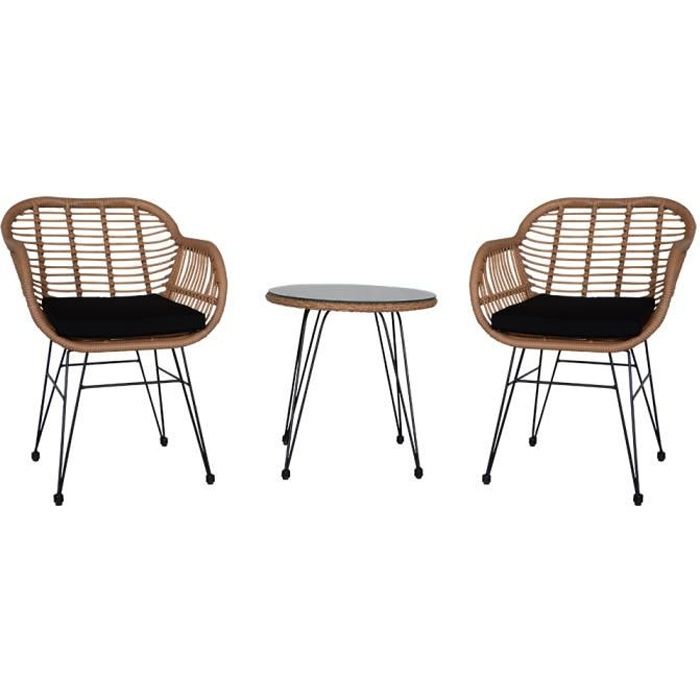 Salon de jardin- -une table et deux fauteuils osier coussin Noir - résine tressée Salon de jardin- -une table et deux fauteuils osier coussin Noir - résine tressée