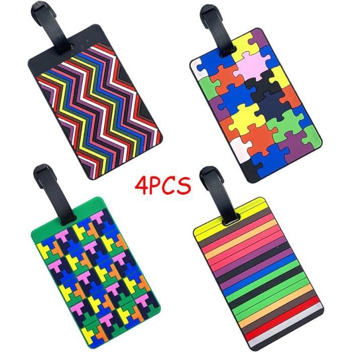 Lot De 4 étiquettes Bagage En Cuir PU - 11x7 Cm - Noir, Rose, Jaune, Bleu - Sangle Réglable - 8
