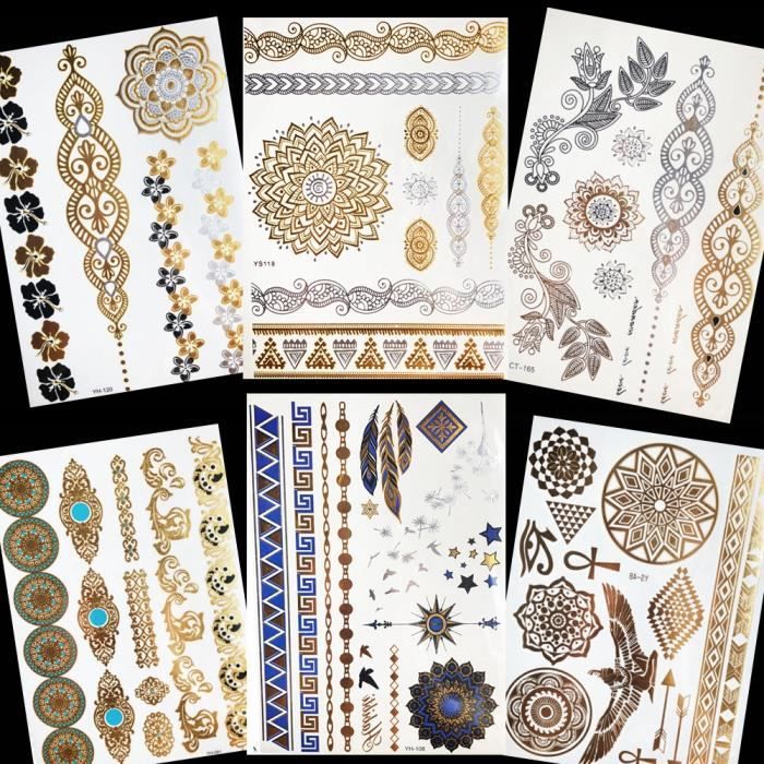 6 Morceaux Henna Mandala Fleur Or Métallique Bras Tatouage