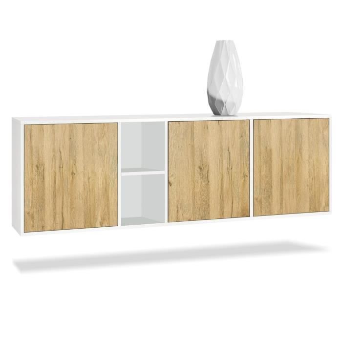 Vladon Buffet Armoire Cuba Corps en Blanc mat - Façades en Chêne Nature