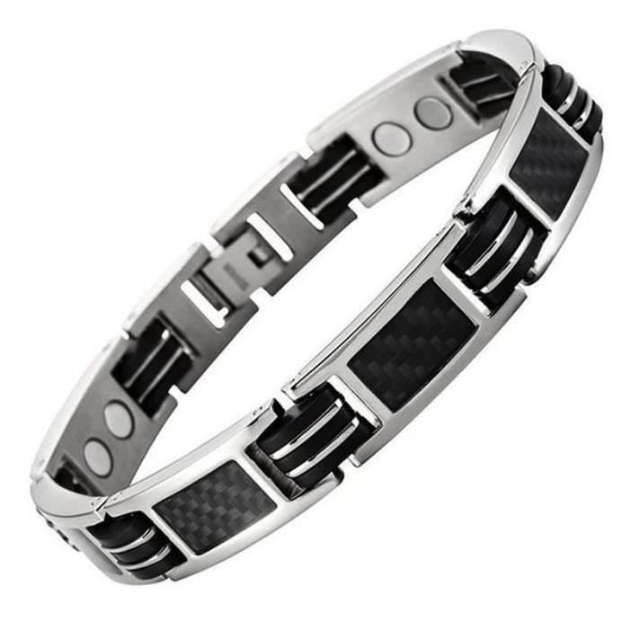 bracelet titane homme femme magnetique 14 aimant 3000g fibre de carbone noir