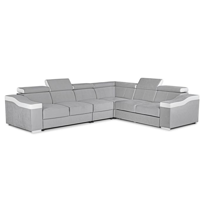 LUCKY - Canapé d’angle convertible réversible en tissu velours gris clair et simili cuir blanc LUCKY - Canapé d’angle convertible réversible en tissu velours gris clair et simili cuir blanc