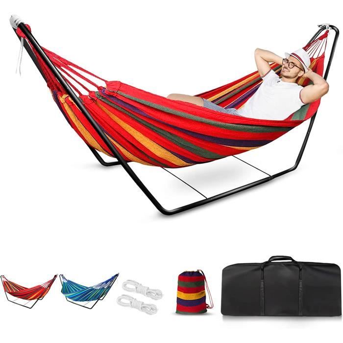Hamac Double 2 Places Extérieur - 200kg Charge Max - Coton Confy Pour Jardin, Camping, Rando - Rouge 260x150cm