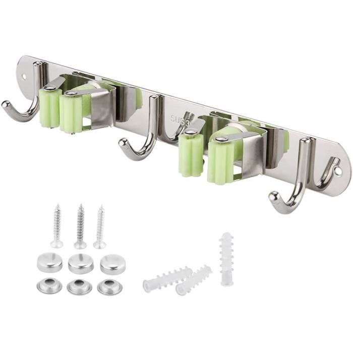 Lot de 2 supports muraux noirs avec 5 supports 4 crochets - Avec clous d'installation - Support de balai en acier inoxydable robuste - Auto-adhésif