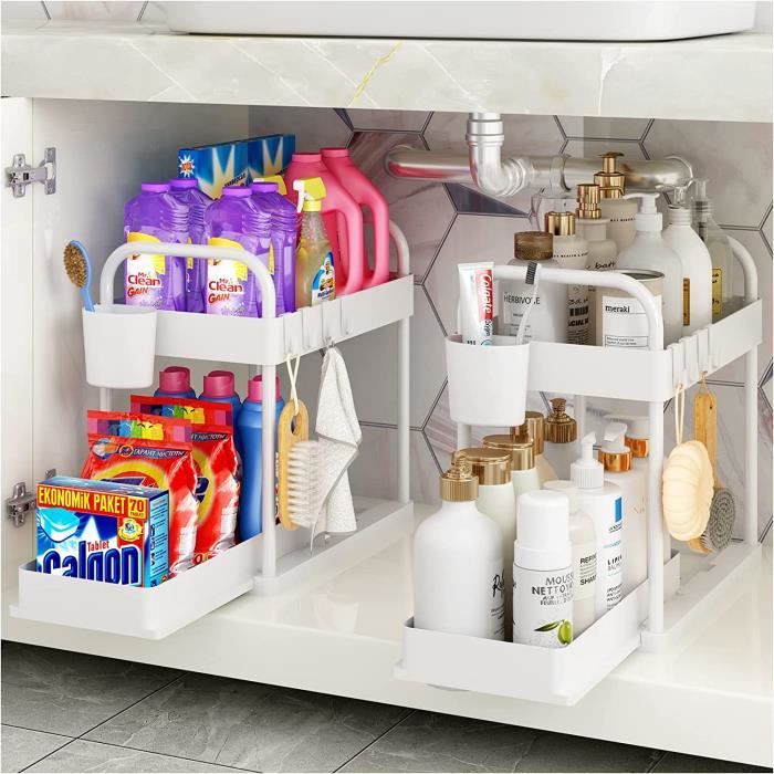 Organisateur Sous évier 2 Niveaux Coulissant - 2 Paniers En Métal, Blanc, Réglable 33/38/43 Cm, Charge 35 Kg - 10